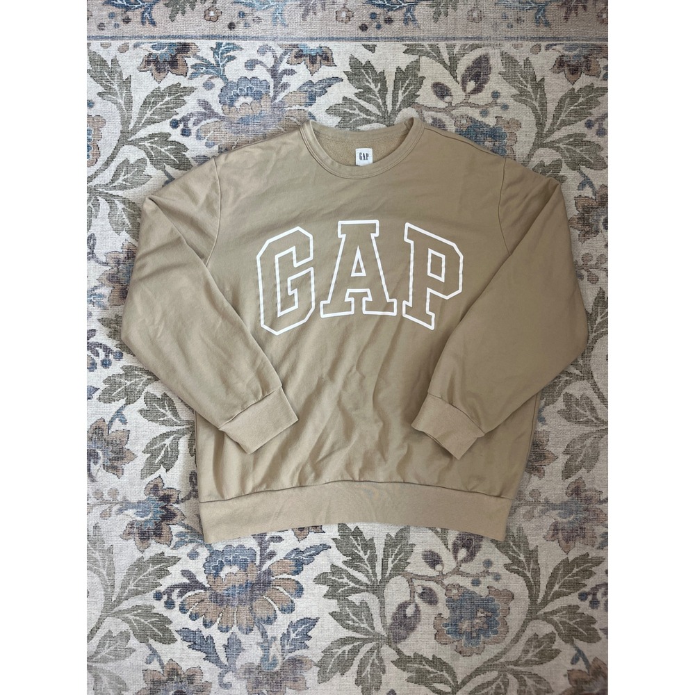 Gap Logo Sweatshirt Womens XL Tan Khaki Good Fleece Crewneck Pullover